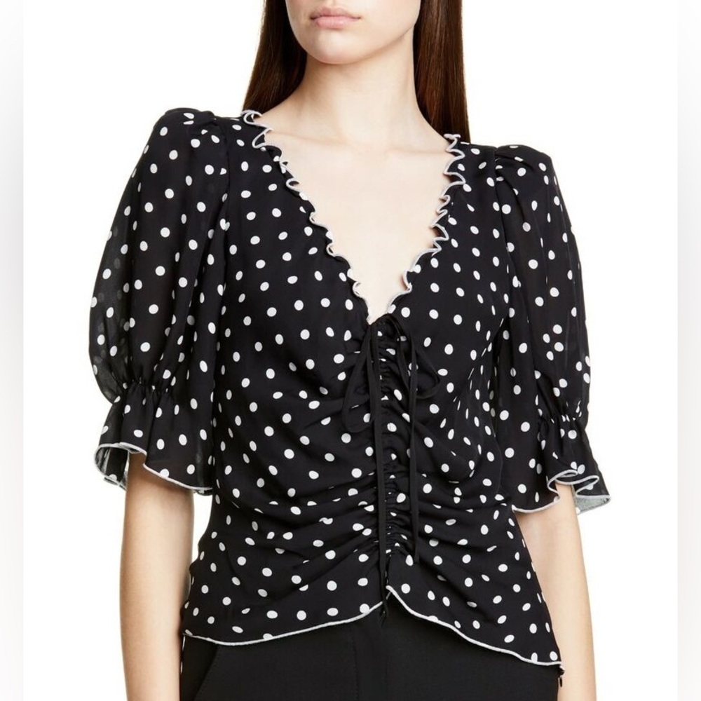 Cinq A Sept Kimberly Dot-Print Ruched Short-Sleeve Top Size Large 100% Silk - Picture 2 of 10